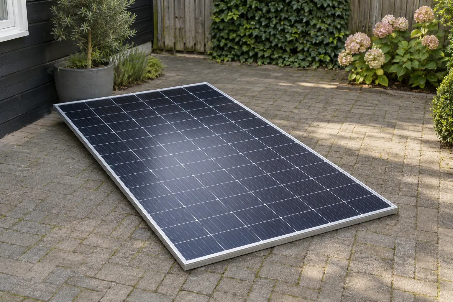 Zonnepaneel liggend op gebakken klinkers bij huis en planten