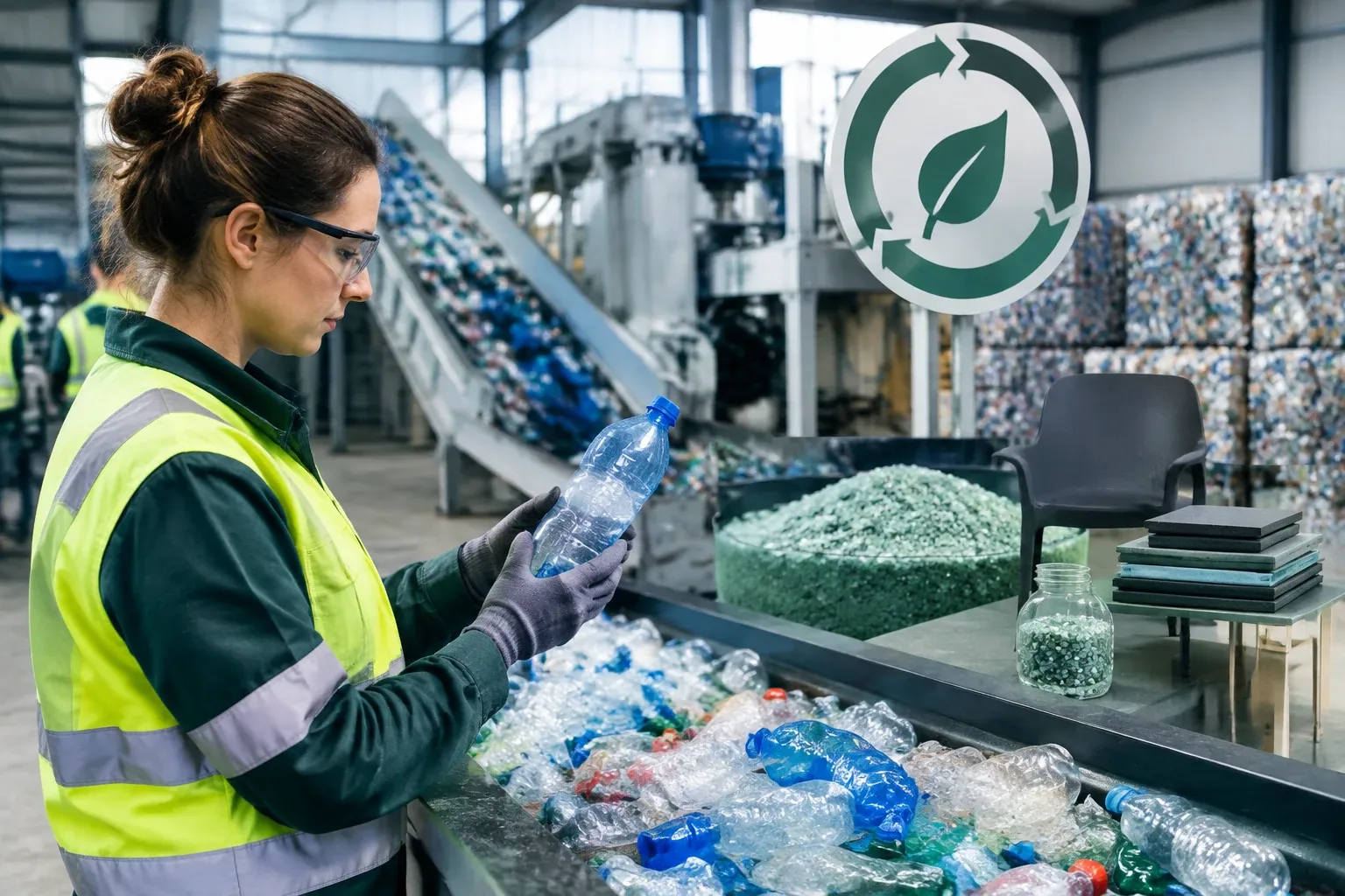 Vrouw in veiligheidsvest controleert plastic flessen bij sorteerband in recyclingfabriek