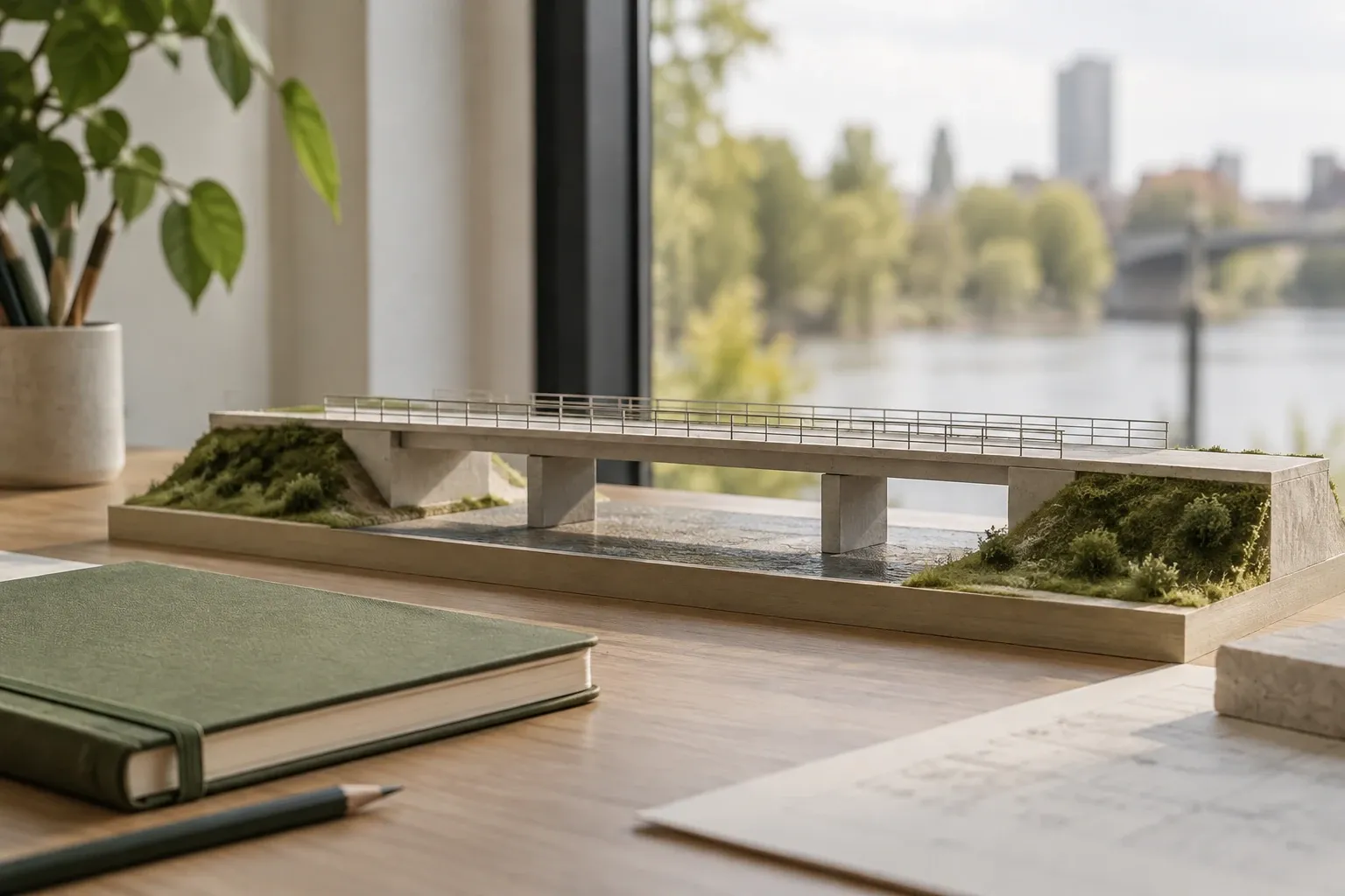 Schaalmodel van betonnen brug over rivier op bureau met boeken en planten