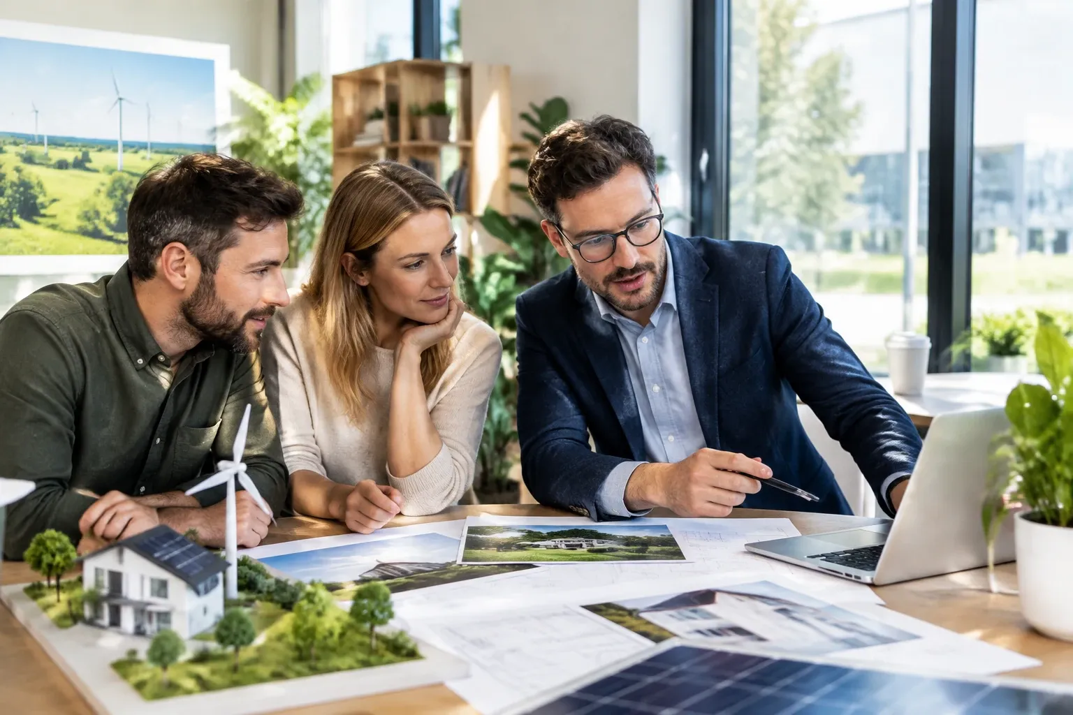 Adviseur wijst op laptop terwijl koppel duurzame woningplannen en maquette bekijkt