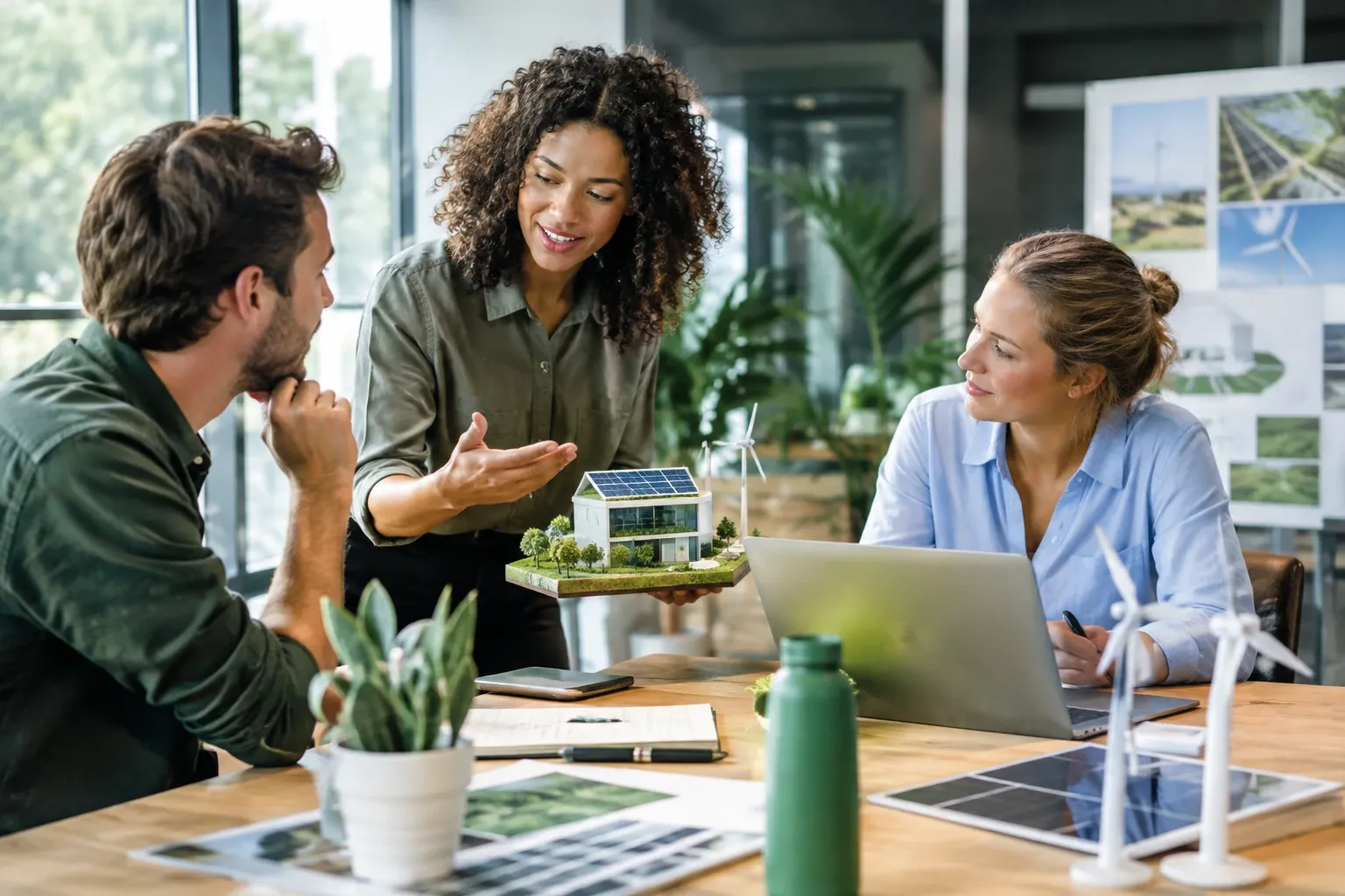 Drie collega’s bespreken schaalmodel van duurzaam huis met zonnepanelen in kantoor