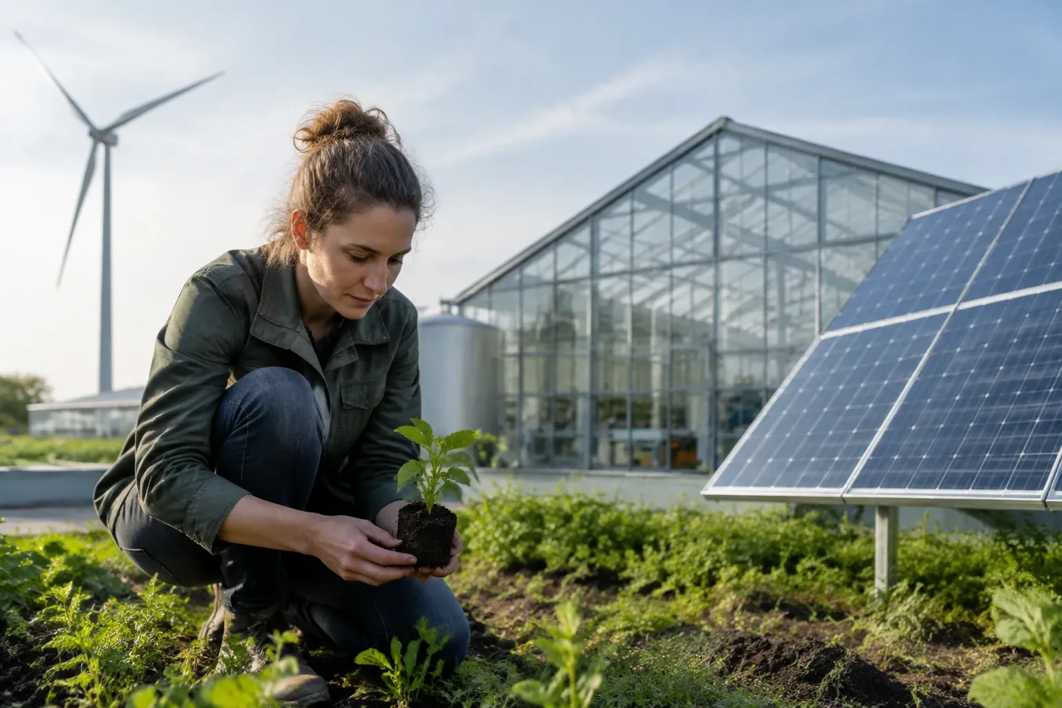 Vrouw plant zaailing bij kas, zonnepaneel en windturbine zichtbaar op terrein