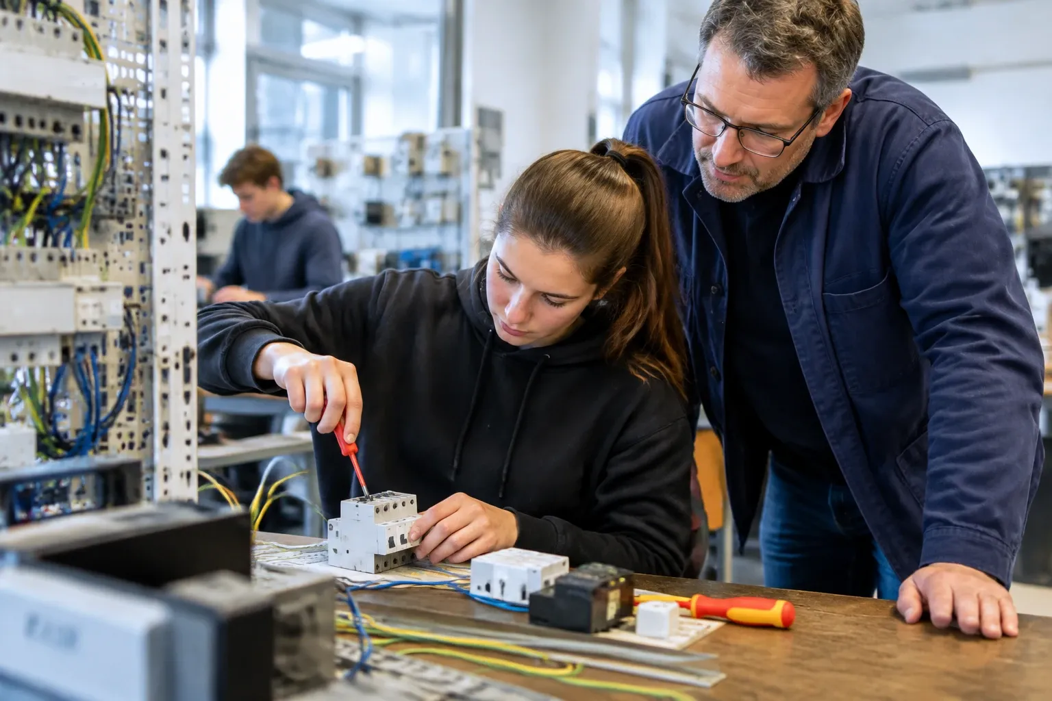 Leerlinge monteert elektriciteitscomponenten met schroevendraaier terwijl docent kijkt in werkplaats