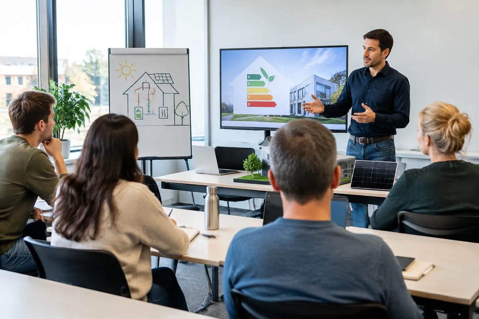 Trainer geeft presentatie over energieprestatie label en zonnepanelen aan cursisten