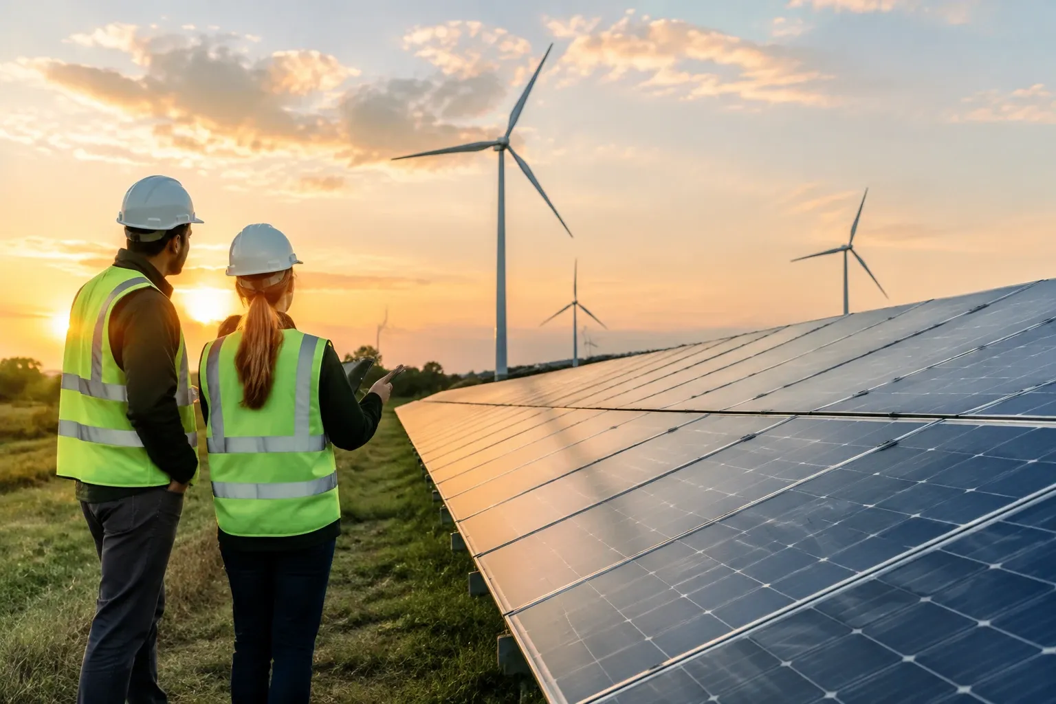 Twee technici met helmen en hesjes bij zonnepanelen en windmolens bij zonsondergang