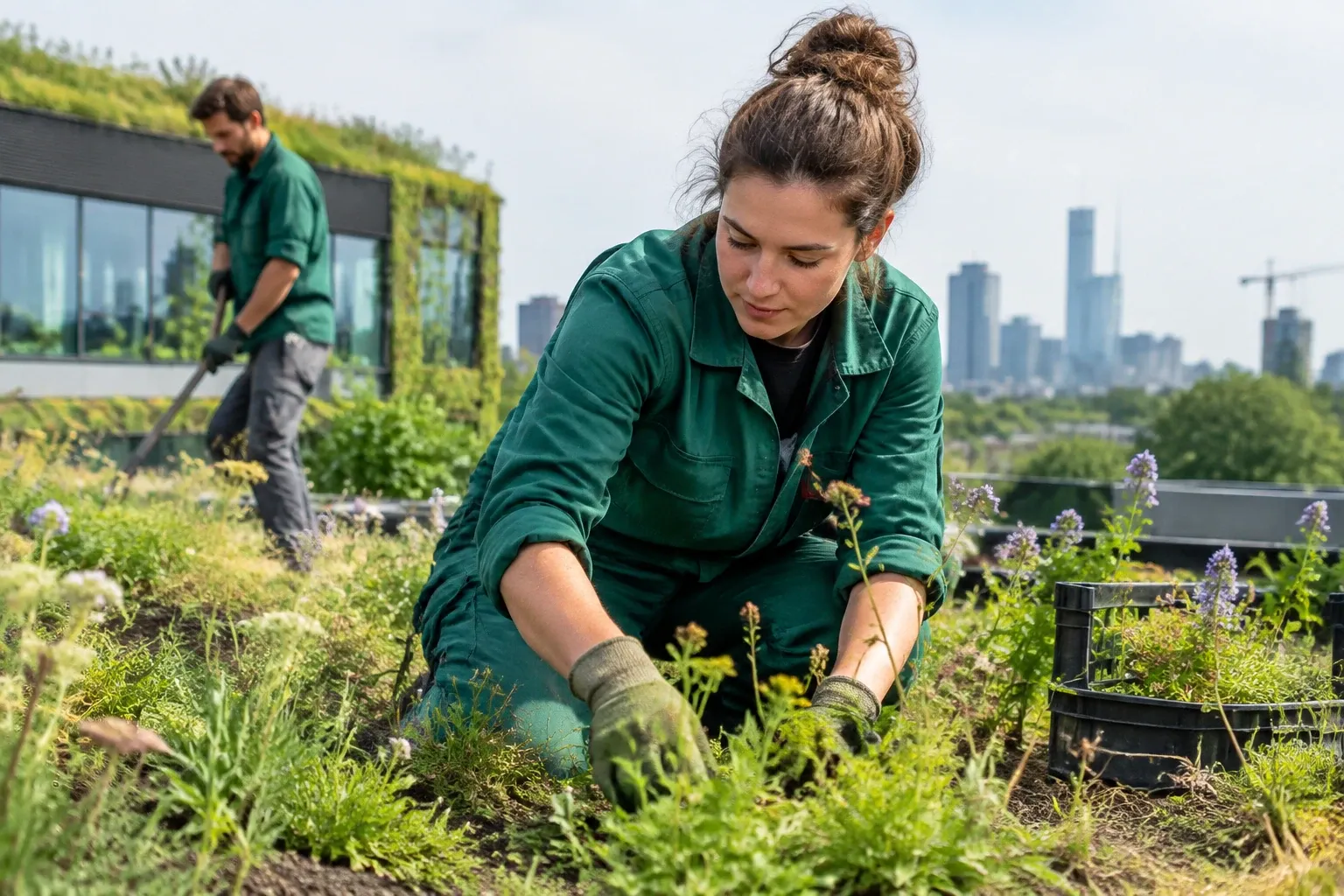 Vrouw in groen werkpak plant en verzorgt dakterrasbeplanting met collega op achtergrond