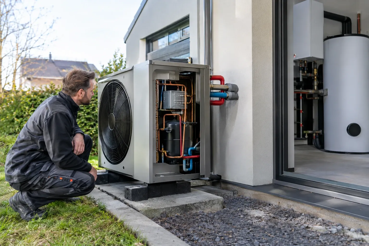 Monteur knielt naast openlucht warmtepompunit met zichtbare leidingen en binnenboiler binnen huis