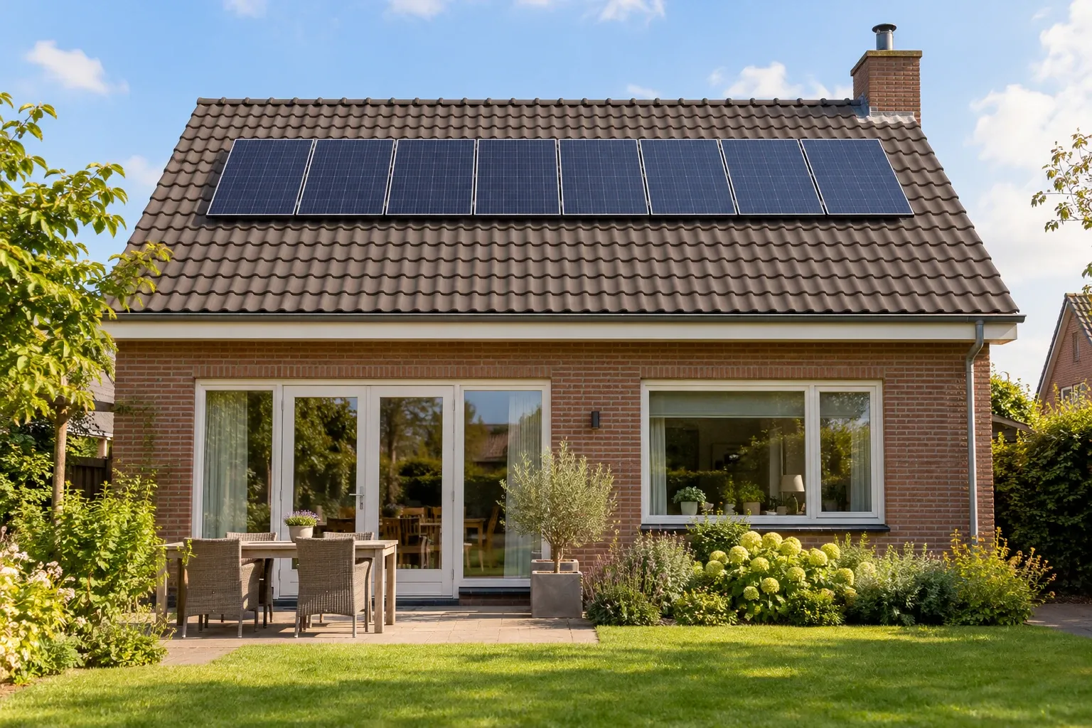 Eengezinswoning met acht zonnepanelen op pannendak, tuin en terrasmeubilair zichtbaar