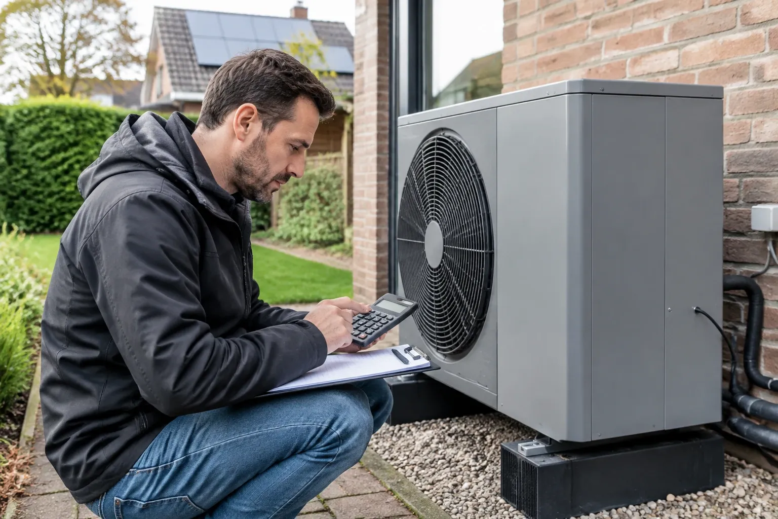 Monteur berekent kosten bij buitenunit warmtepomp met rekenmachine en notities