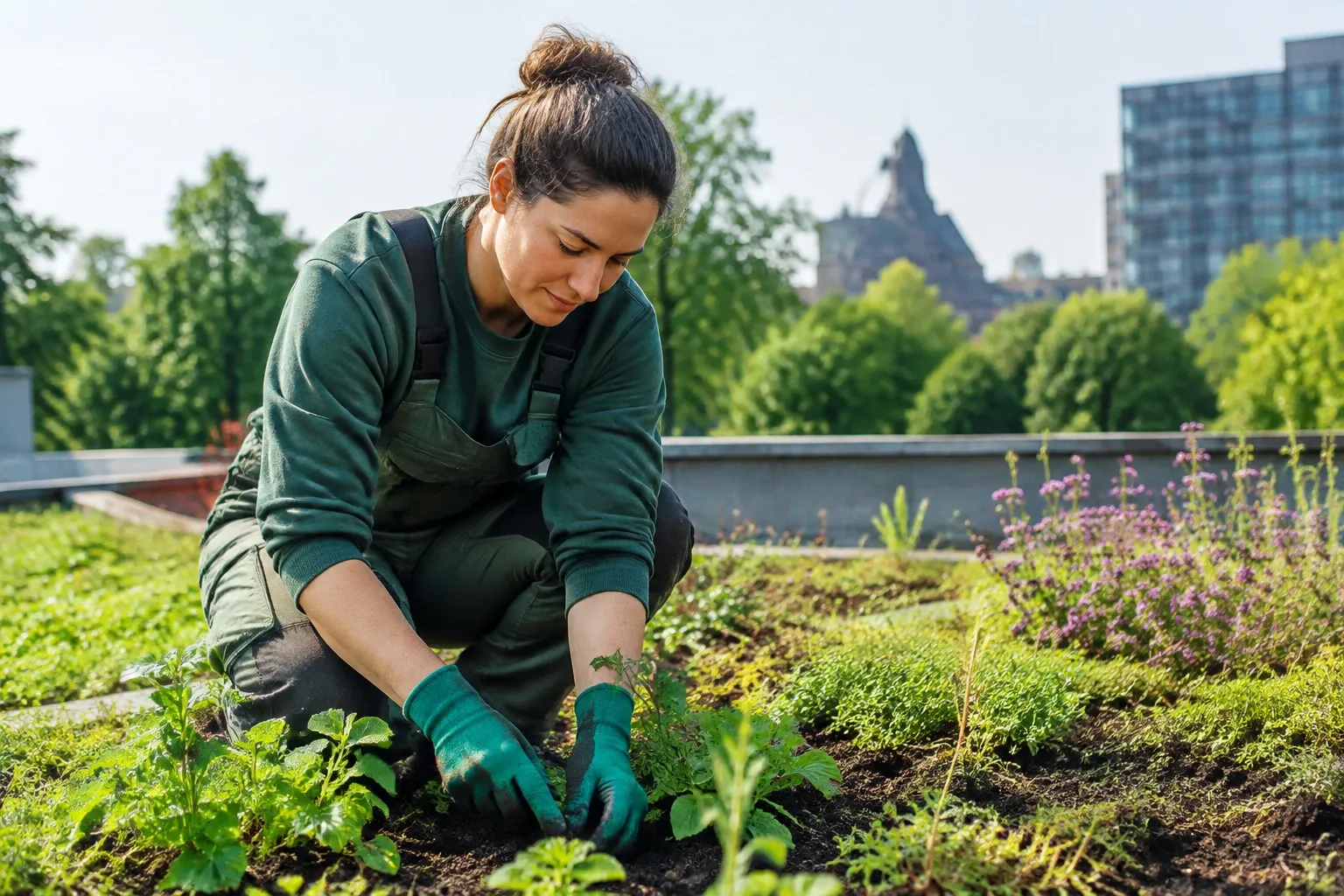 Vrouw in tuinbroek plant groen op daktuinen naast kruidenbed en stadsachtergrond