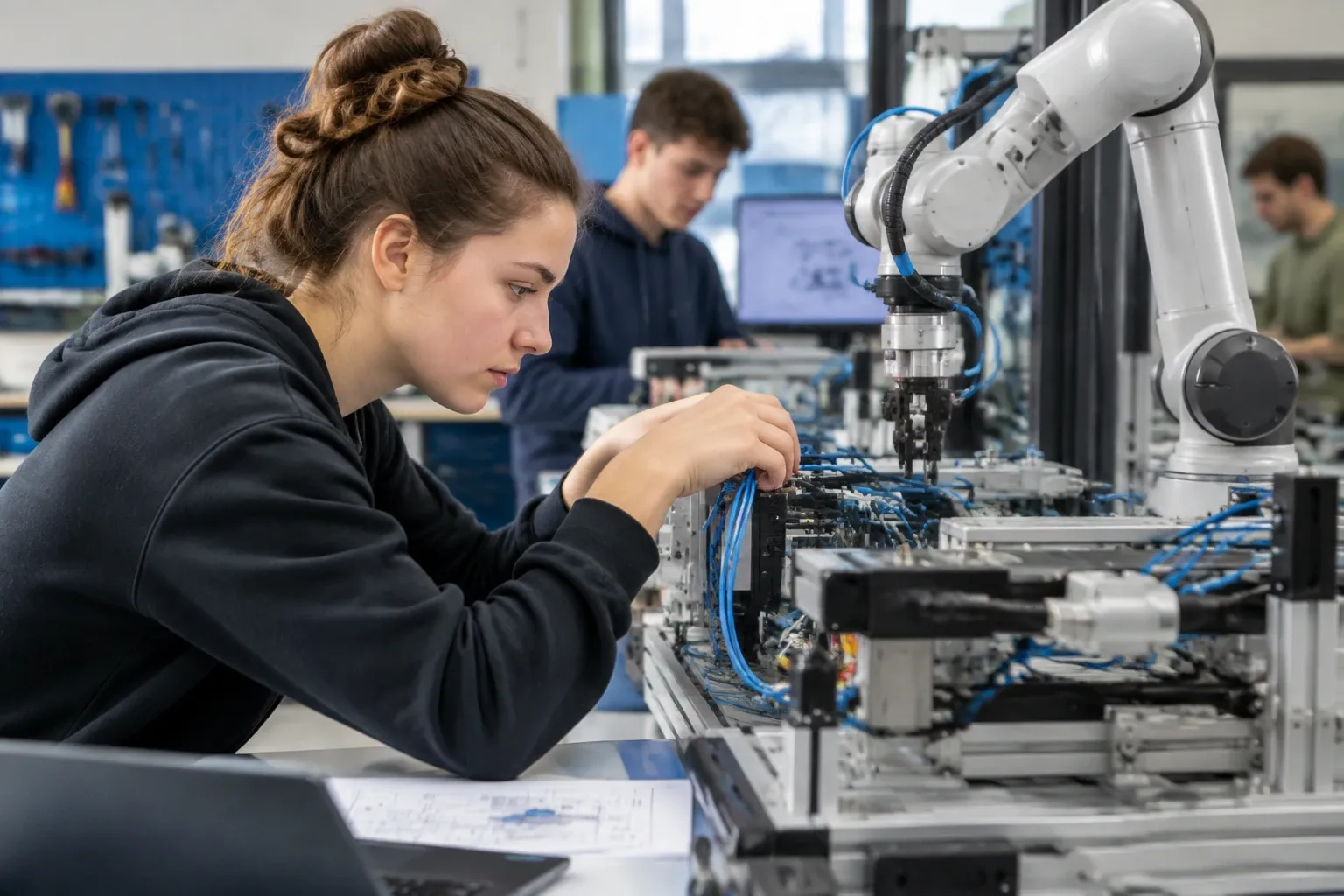 Studenten monteren bedrading aan industriële robotopstelling in practicumlokaal
