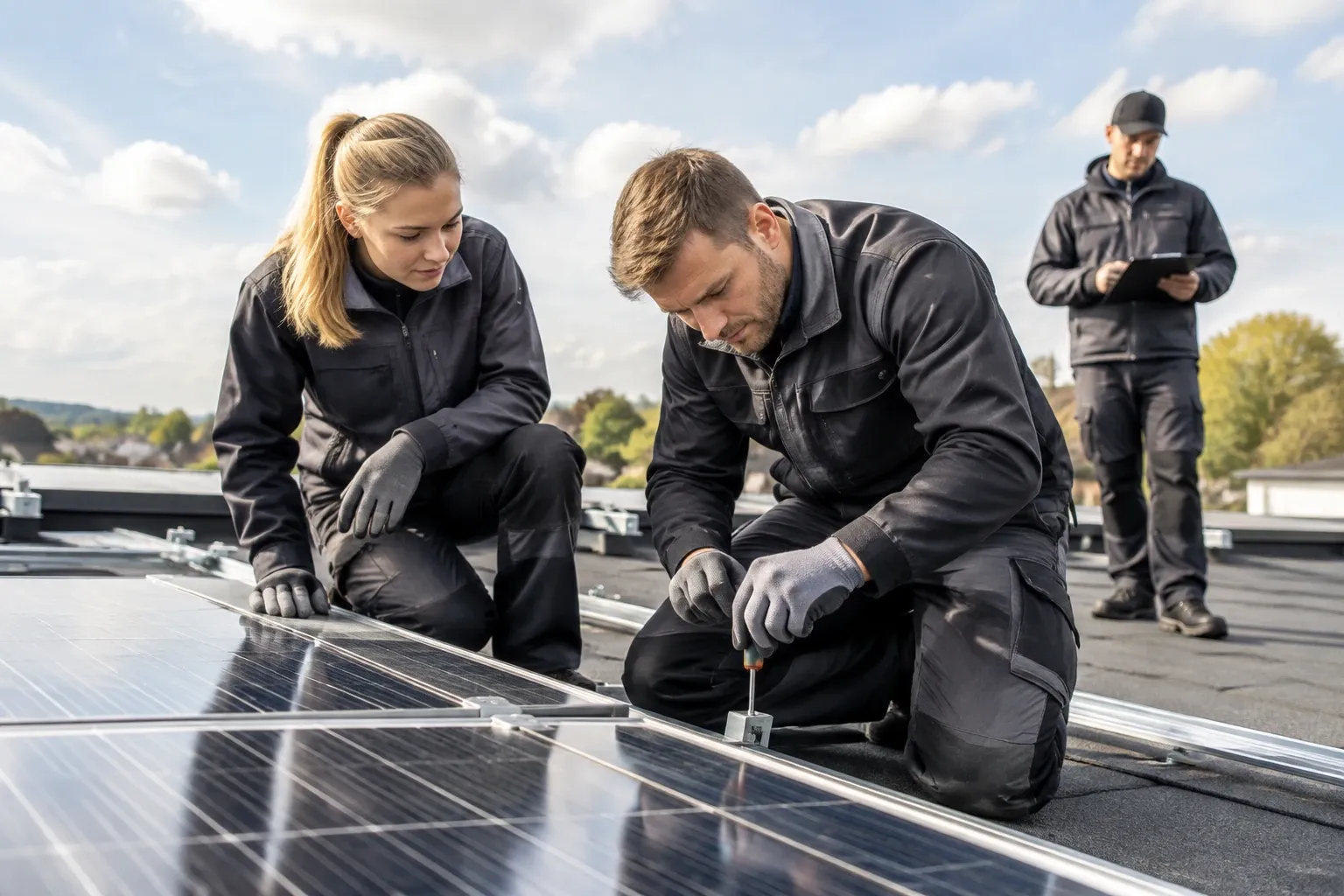 Twee monteurs installeren zonnepanelen op dak terwijl een derde persoon aantekeningen maakt