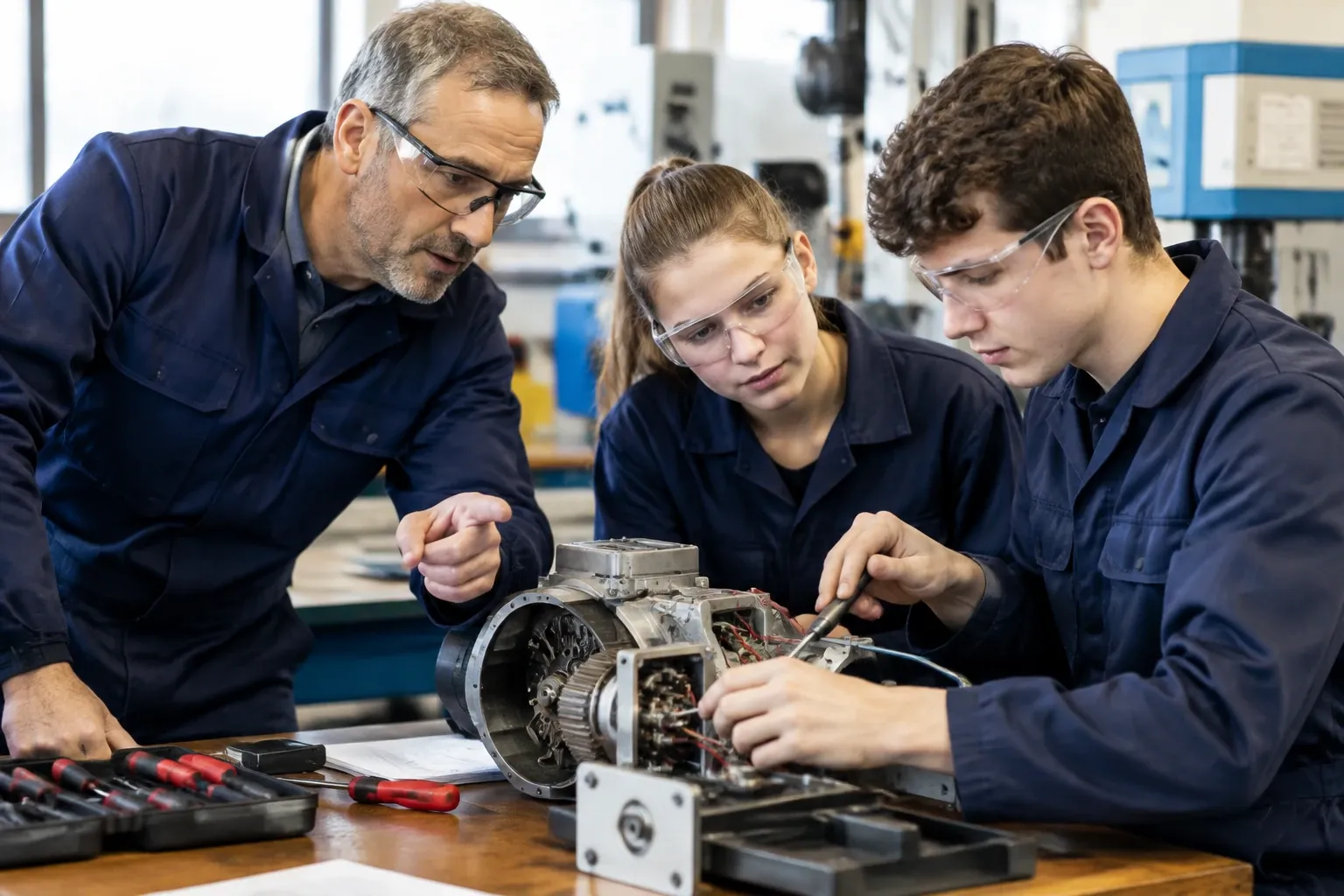 Docent begeleidt twee studenten bij inspectie van elektromotor in werkplaats met veiligheidsbrillen