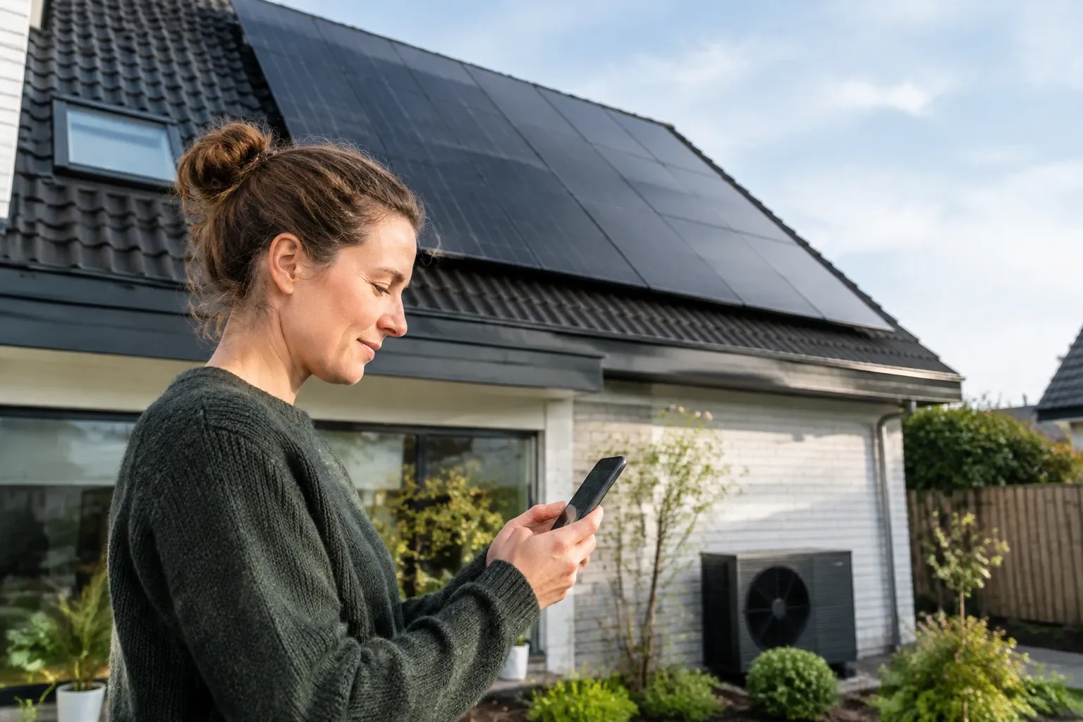 Vrouw controleert smartphone voor huis met zonnepanelen op het dak en warmtepomp