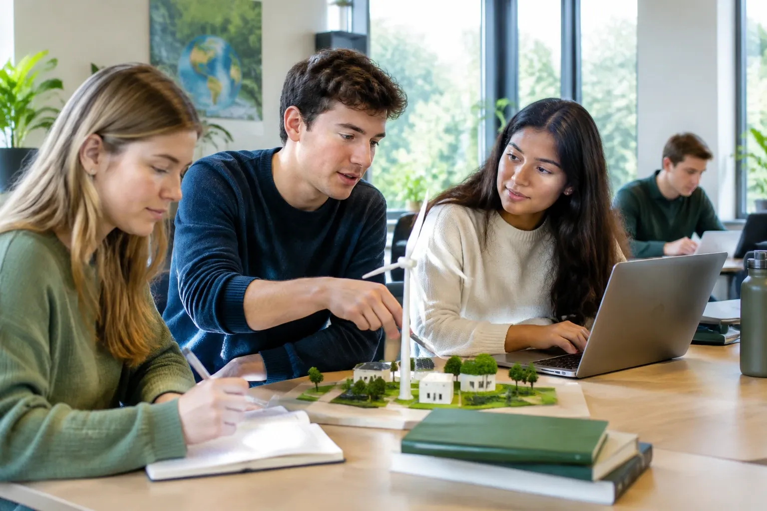 Studenten bespreken schaalmodel van duurzaam dorp met windmolen en laptop in klaslokaal
