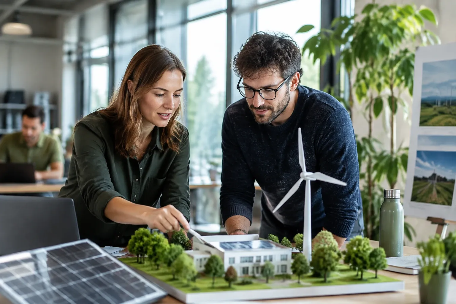 Twee personen bespreken maquette met windturbine, zonnepanelen en groen bedrijventerrein
