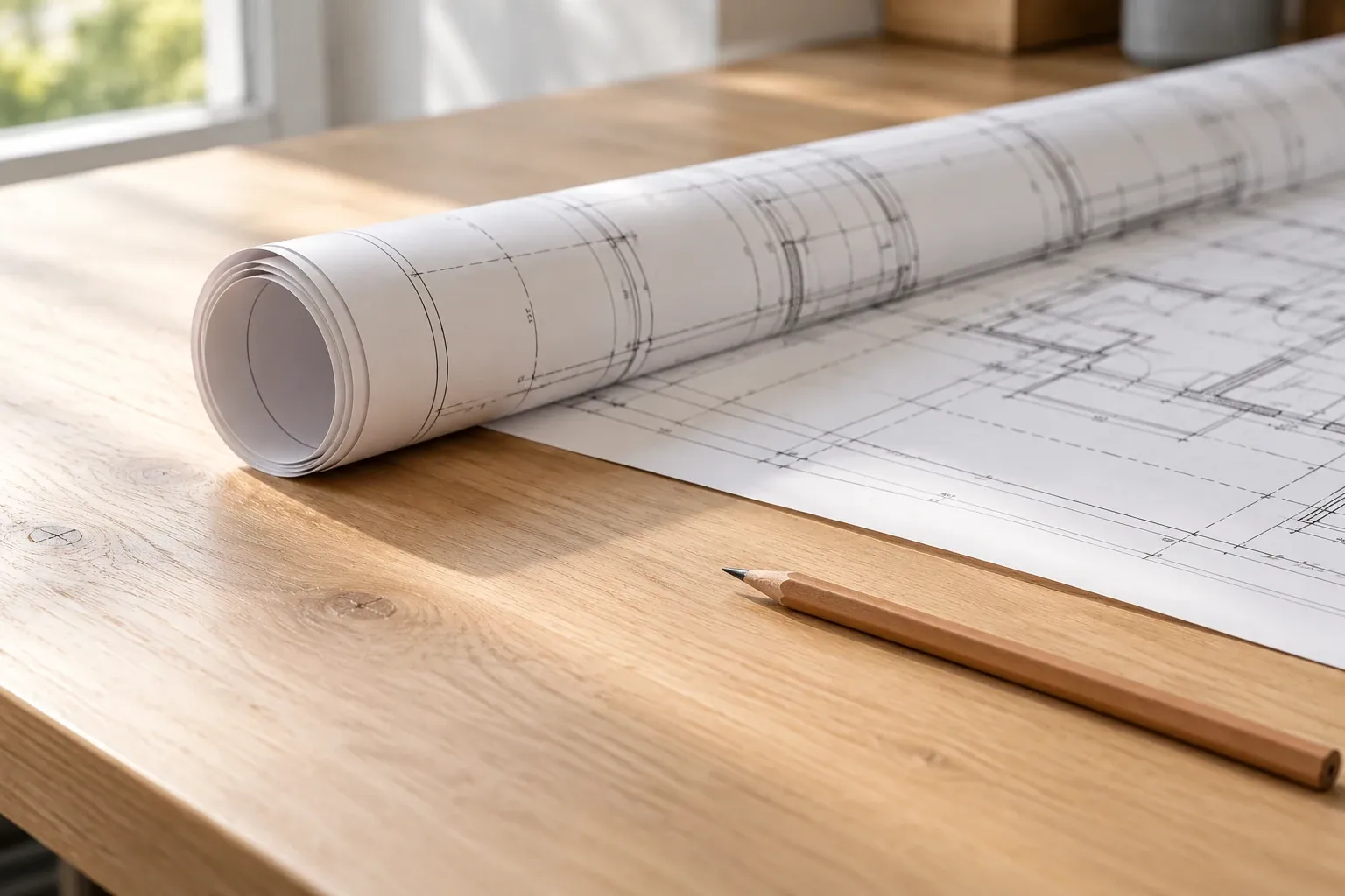 Gevouwen bouwtekening met potlood op houten tafel bij raamlicht