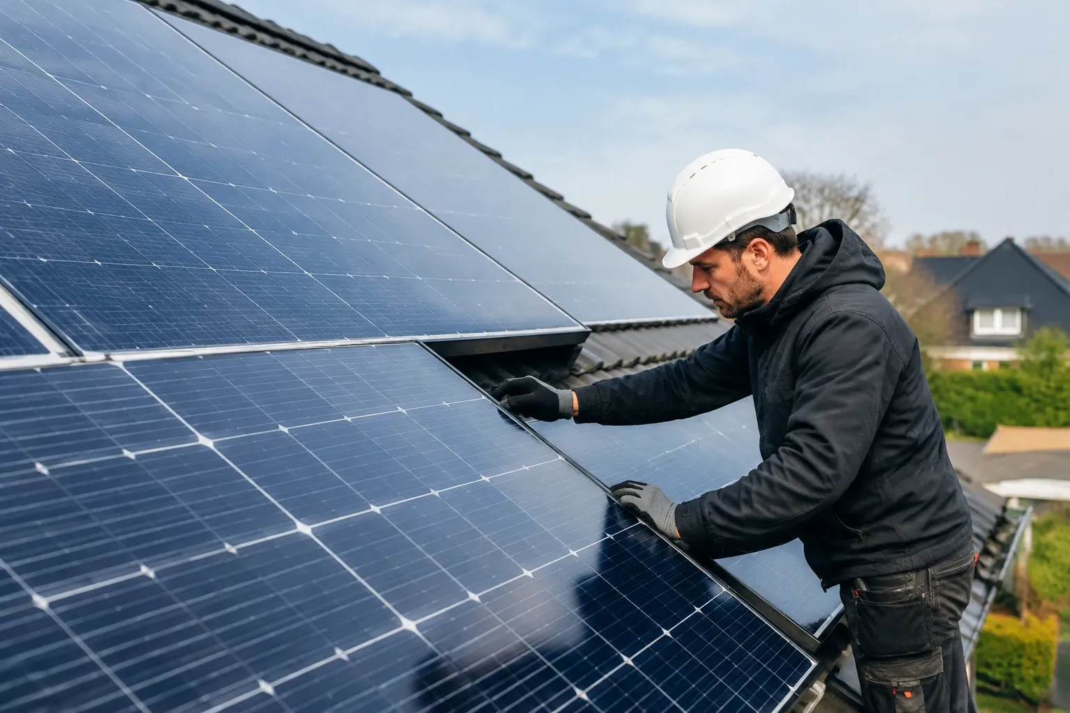 Monteur op dak installeert en controleert zonnepanelen tijdens bewolkte dag