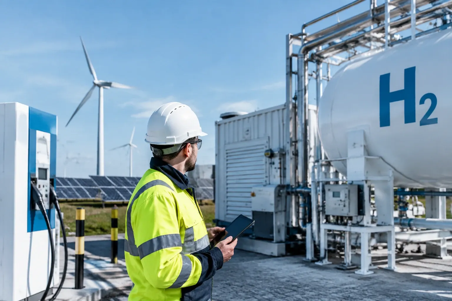 Man in veiligheidshelm en jas met tablet bij H2-tank, windmolens en zonnepanelen zichtbaar