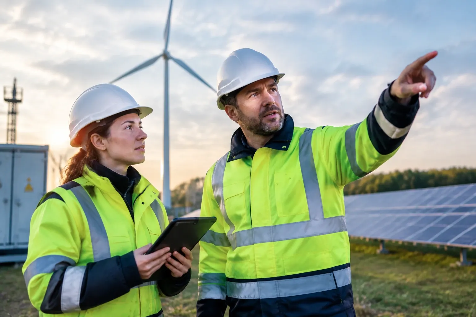 Twee monteurs in veiligheidshesjes en helmen bij windturbine en zonnepanelen, man wijst vooruit