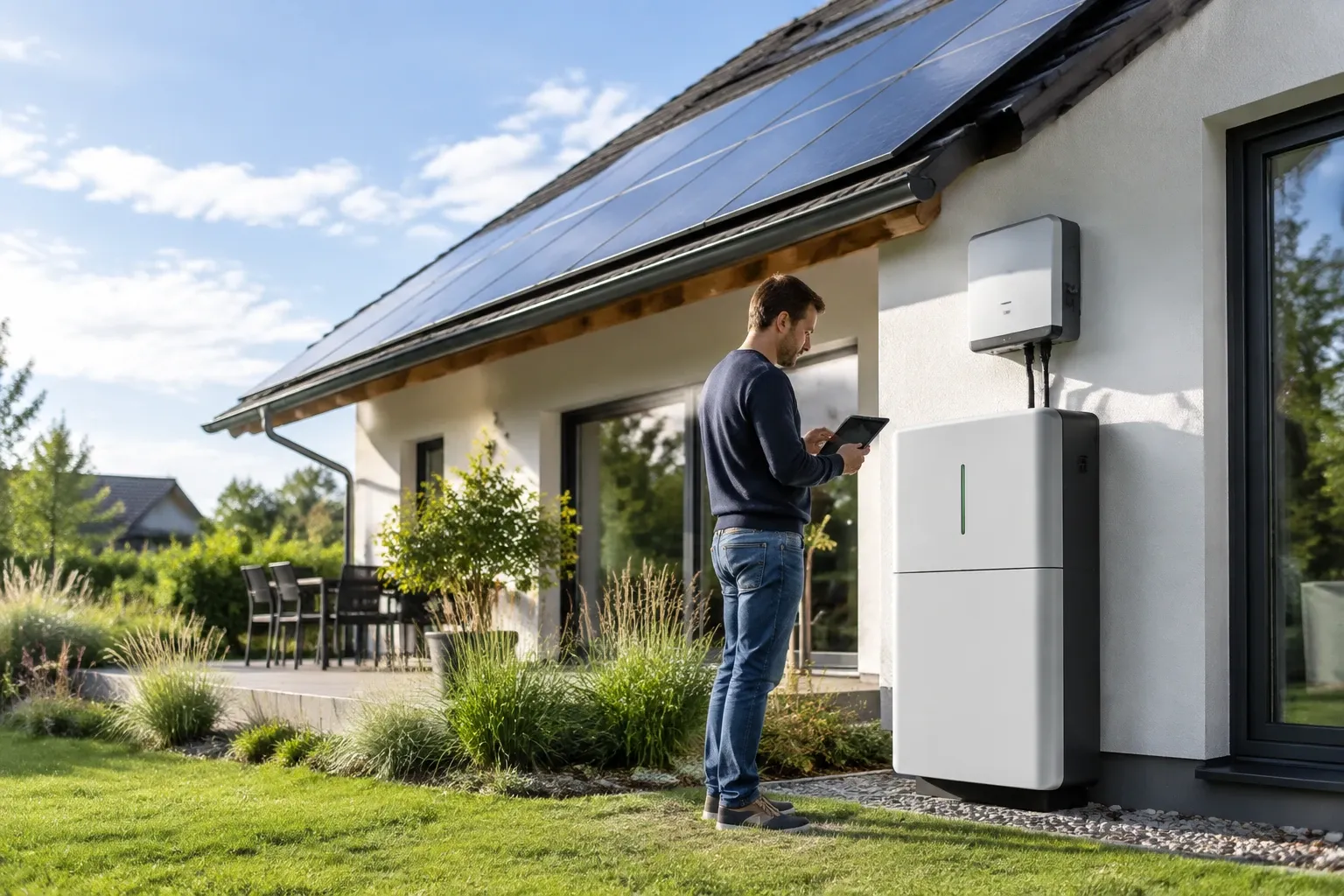 Man controleert thuis batterijopslag naast huis met zonnepanelen op het dak