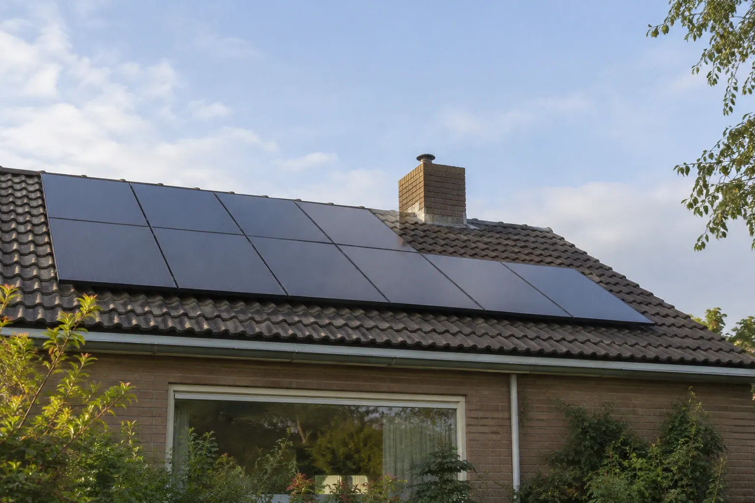 Zonnepanelen op schuin pannendak van een huis onder een blauwe lucht, omliggende bomen