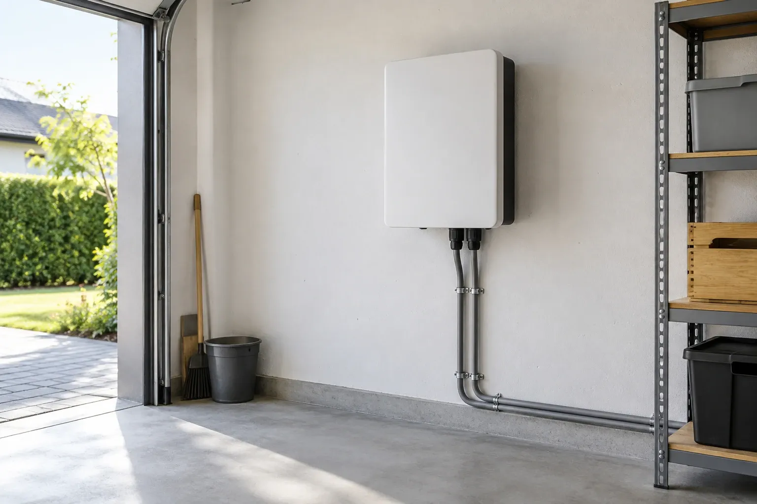 Witte omvormer aan muur in garage met kabels, open deur en schaduwspel